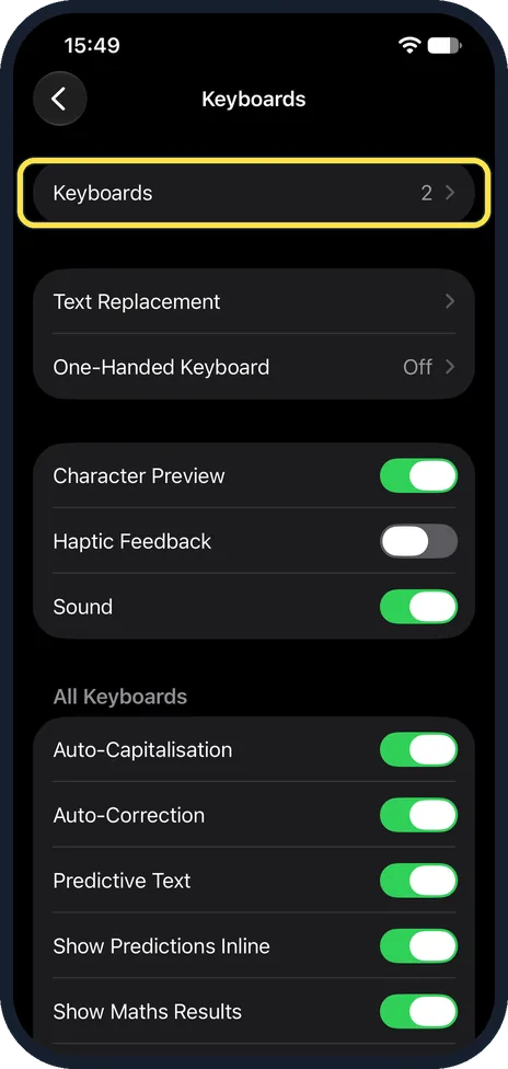 iPhone screen: Tap Keyboards at the top