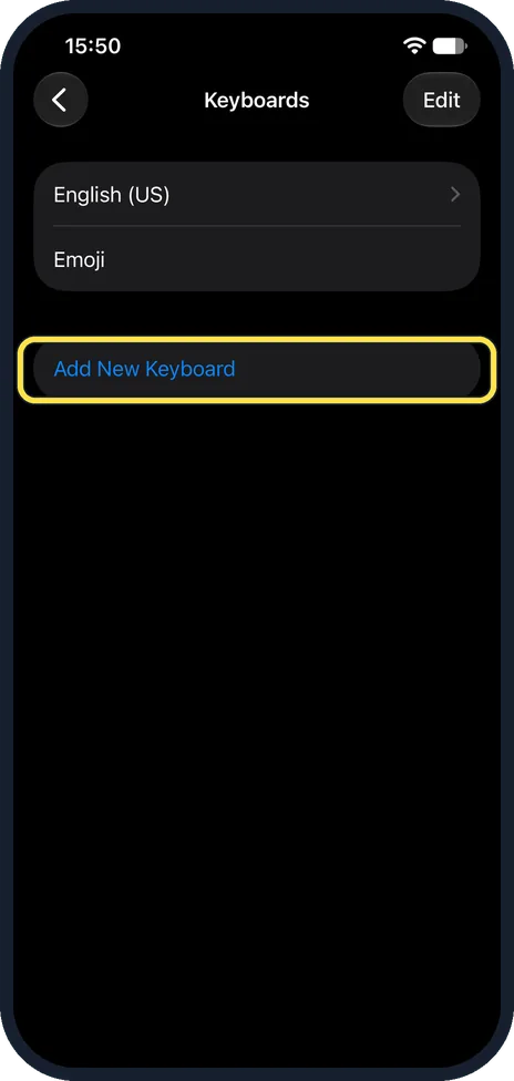 iPhone screen: Tap Add New Keyboard