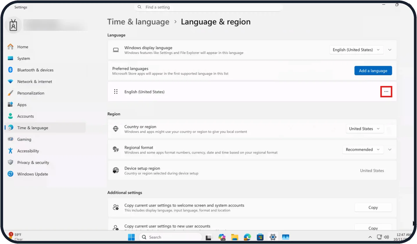 Windows screenshot: Open Language options