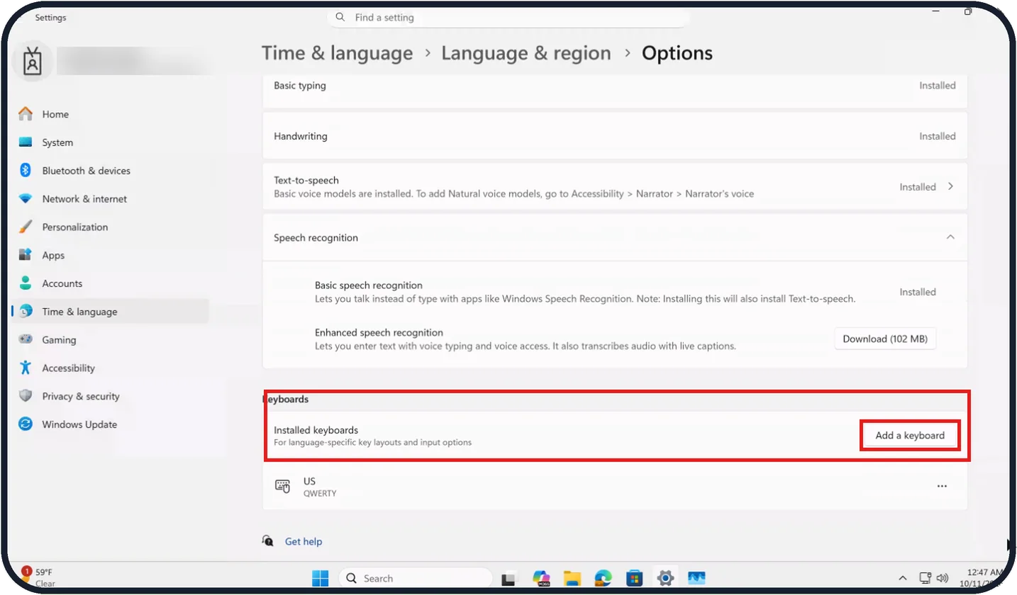 Windows screenshot: Add a keyboard
