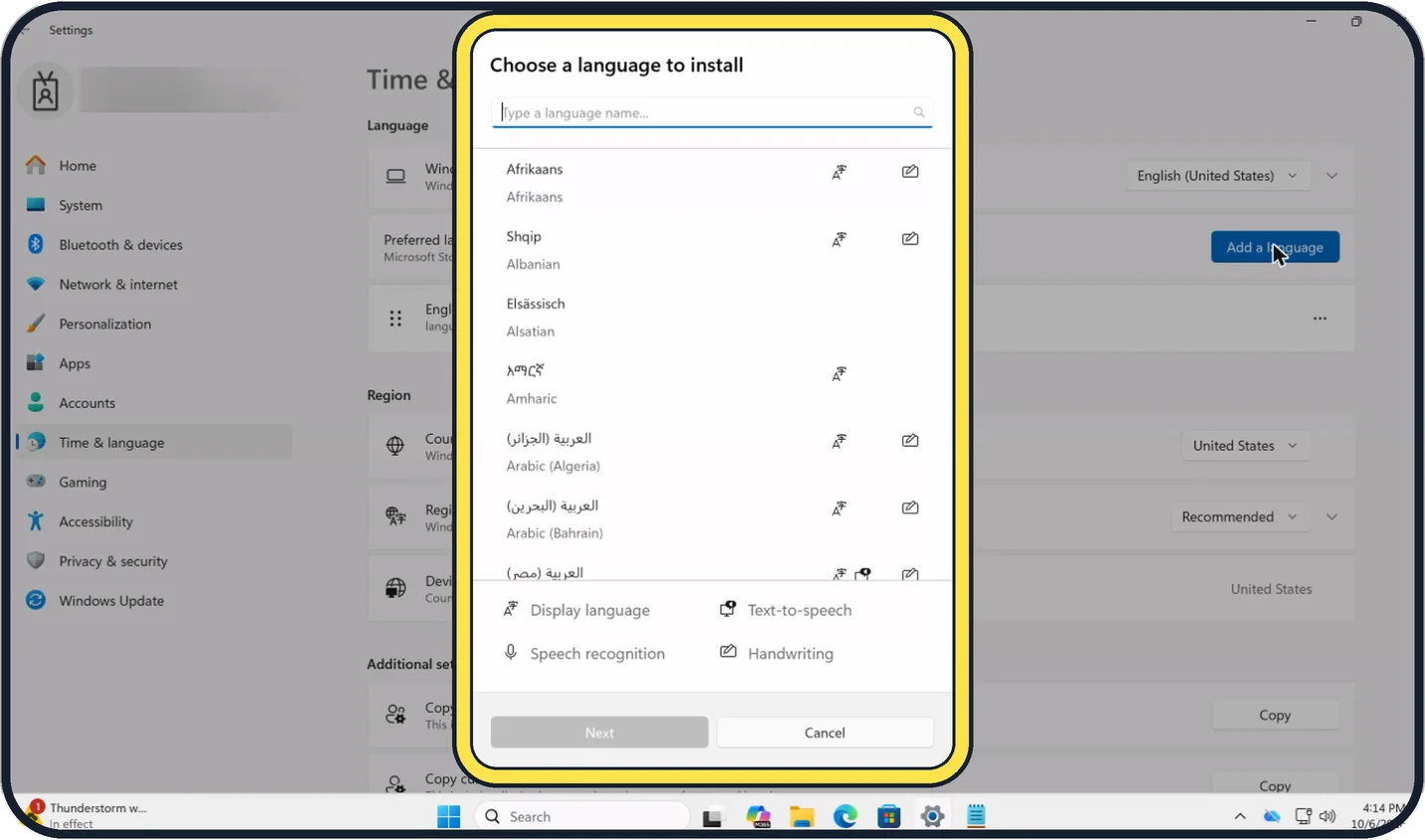 Windows screenshot: Choose a whole language