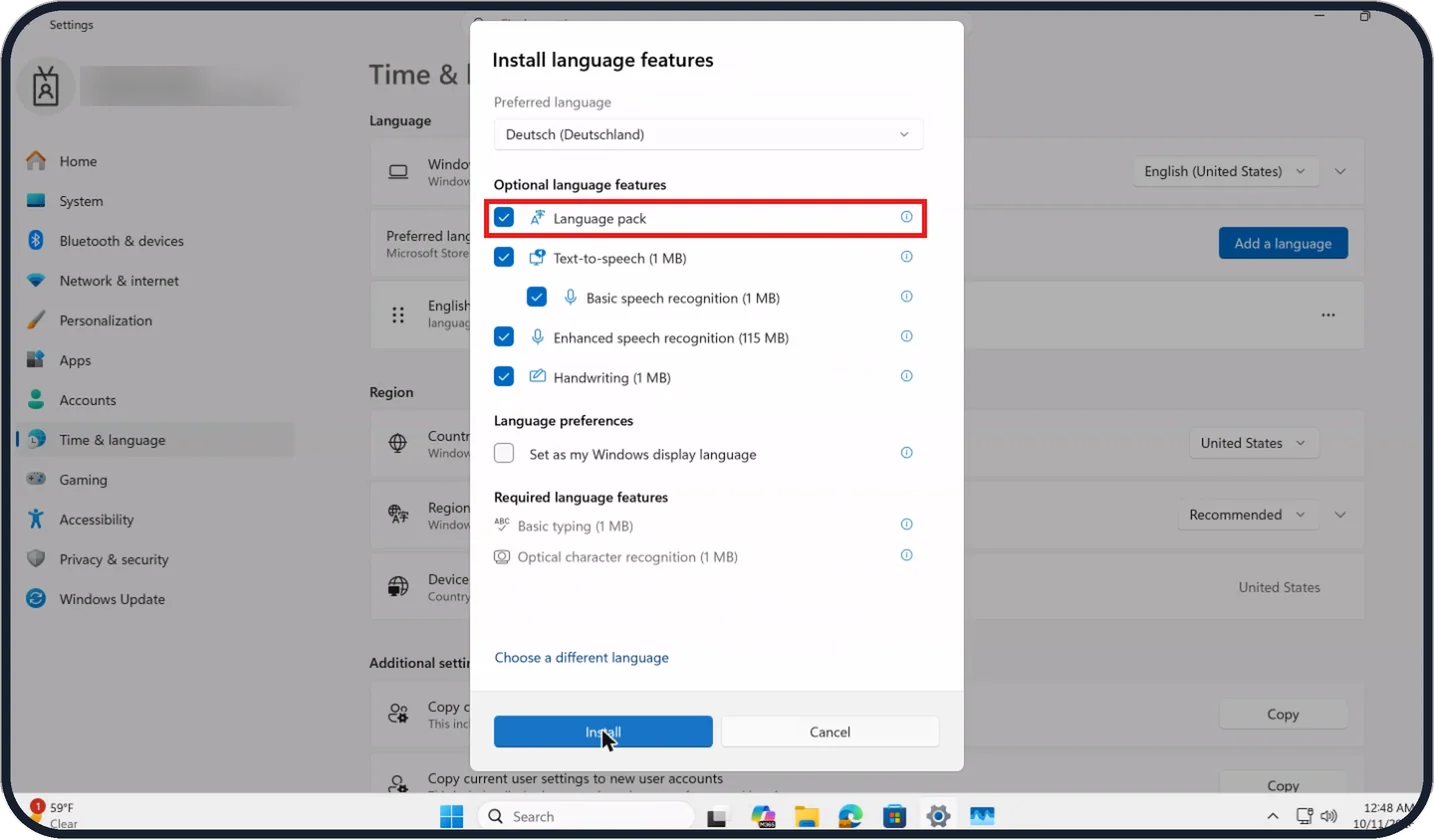 Windows screenshot: Pick the features and install
