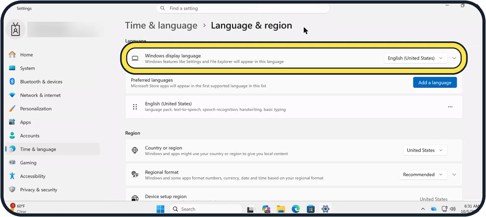Windows screenshot: Change the language of the menus