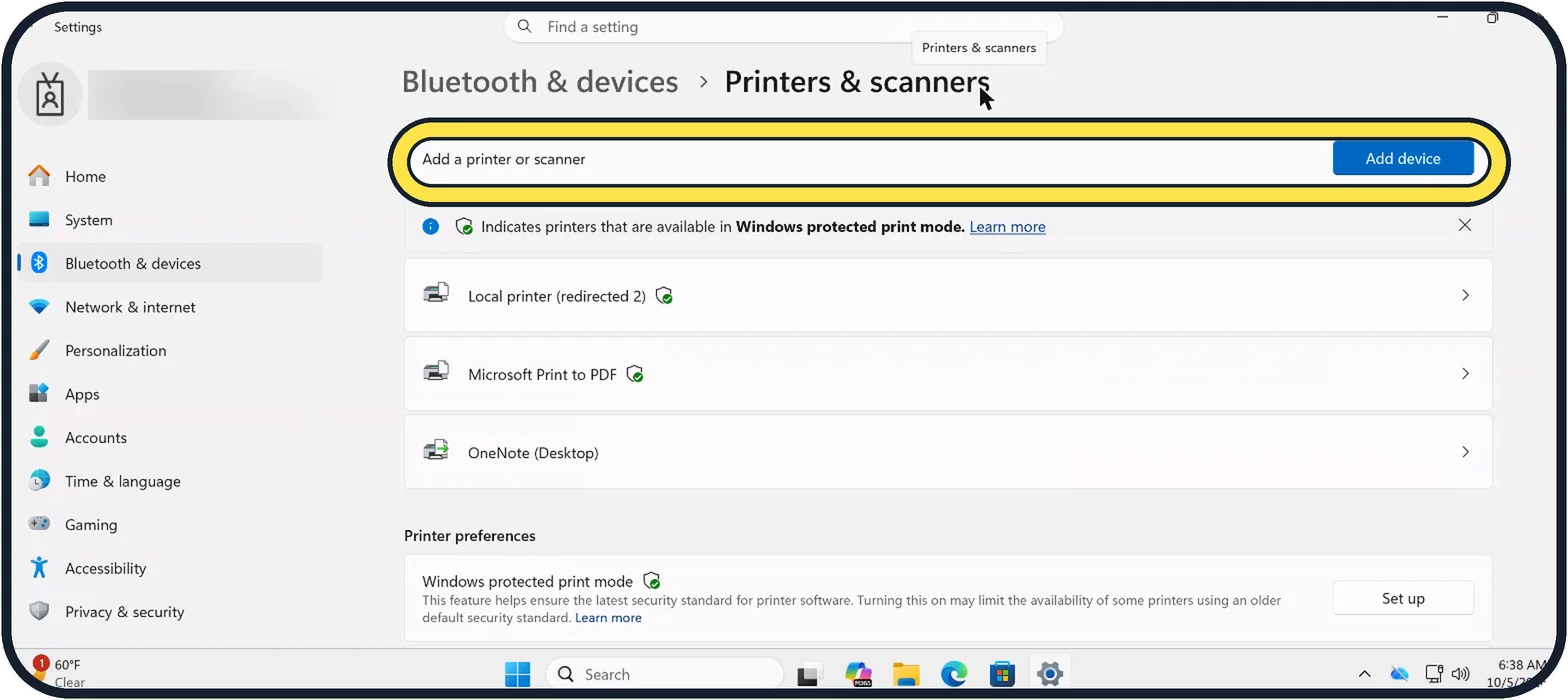 Windows screenshot: Click Add device