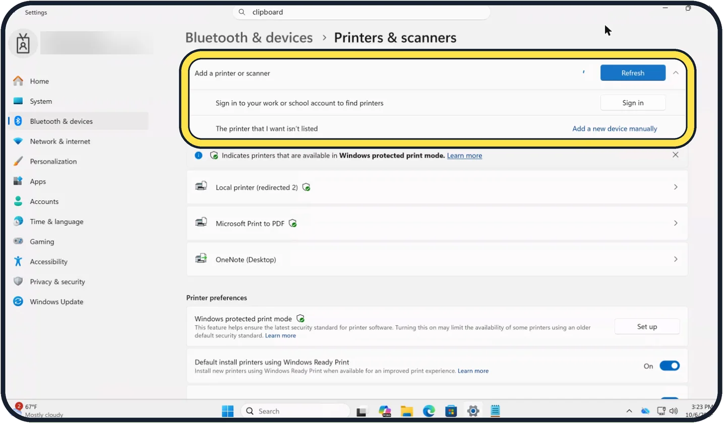 Windows screenshot: Click Add device next to your printer