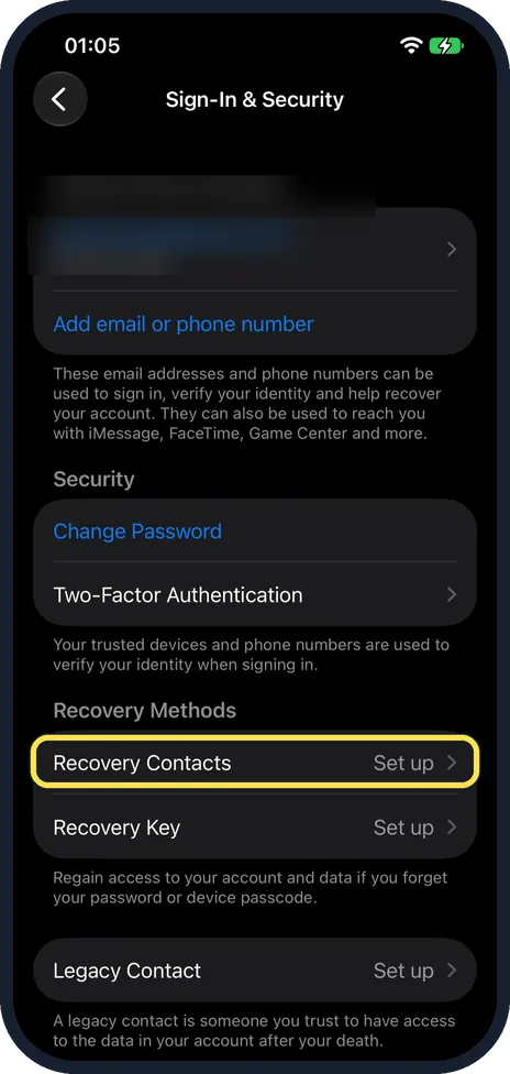 Screenshot from the guide: How to add a recovery contact on an iPhone (iOS 27)