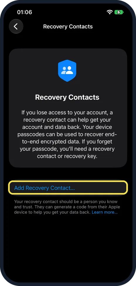 iPhone screen: Tap Add Recovery Contact
