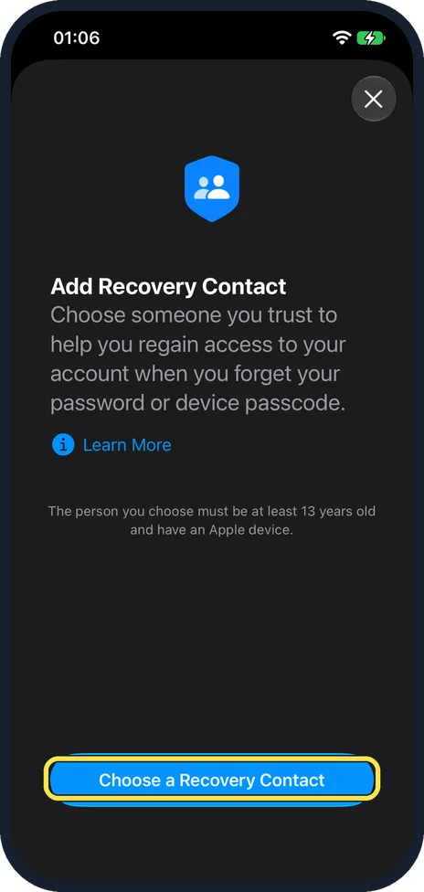 iPhone screen: Tap Choose a Recovery Contact
