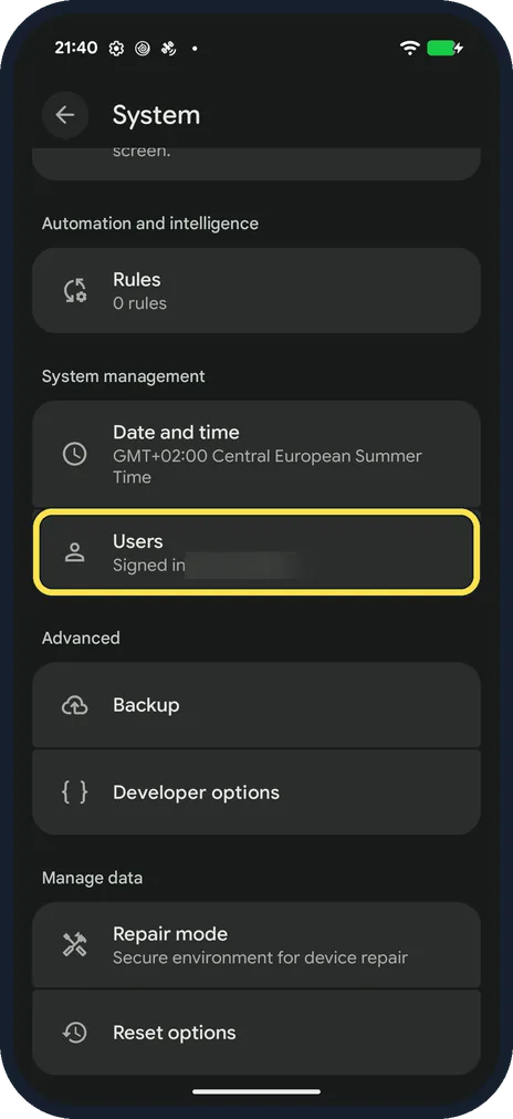 Screenshot from the guide: How to add a second user or a guest on Android