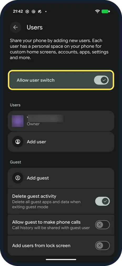 Android screenshot: Switch on Allow user switch
