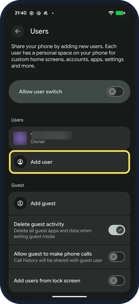 Android screenshot: Tap Add user
