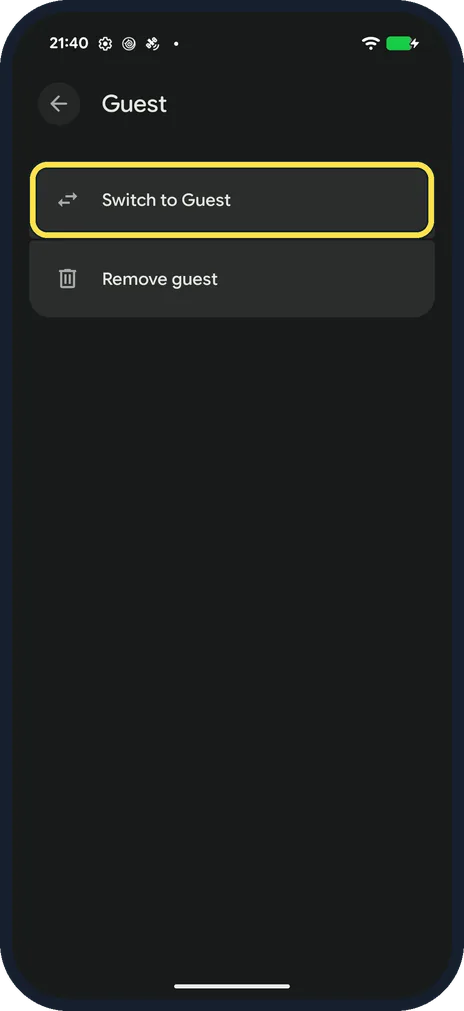 Android screenshot: Add a guest and switch to it