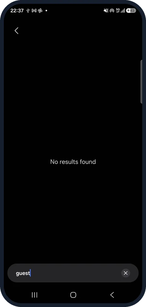 Android screenshot: Samsung Galaxy: search Settings for guest