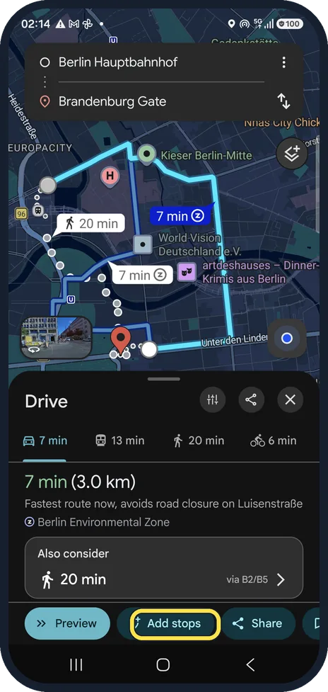 Android screenshot: Tap Add stops