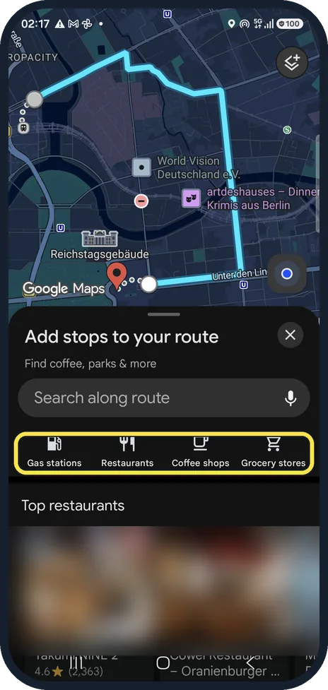 Android screenshot: Choose a place on the way