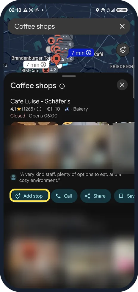 Android screenshot: Tap Add stop