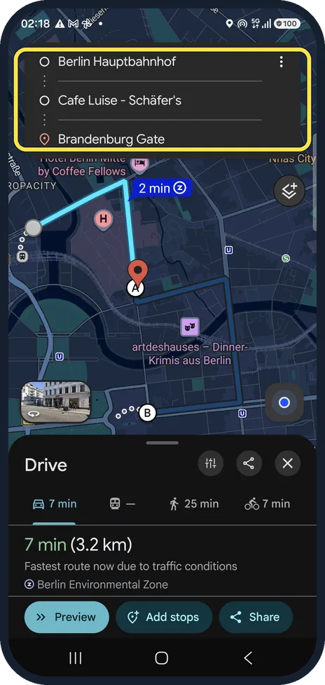Android screenshot: Check the new route