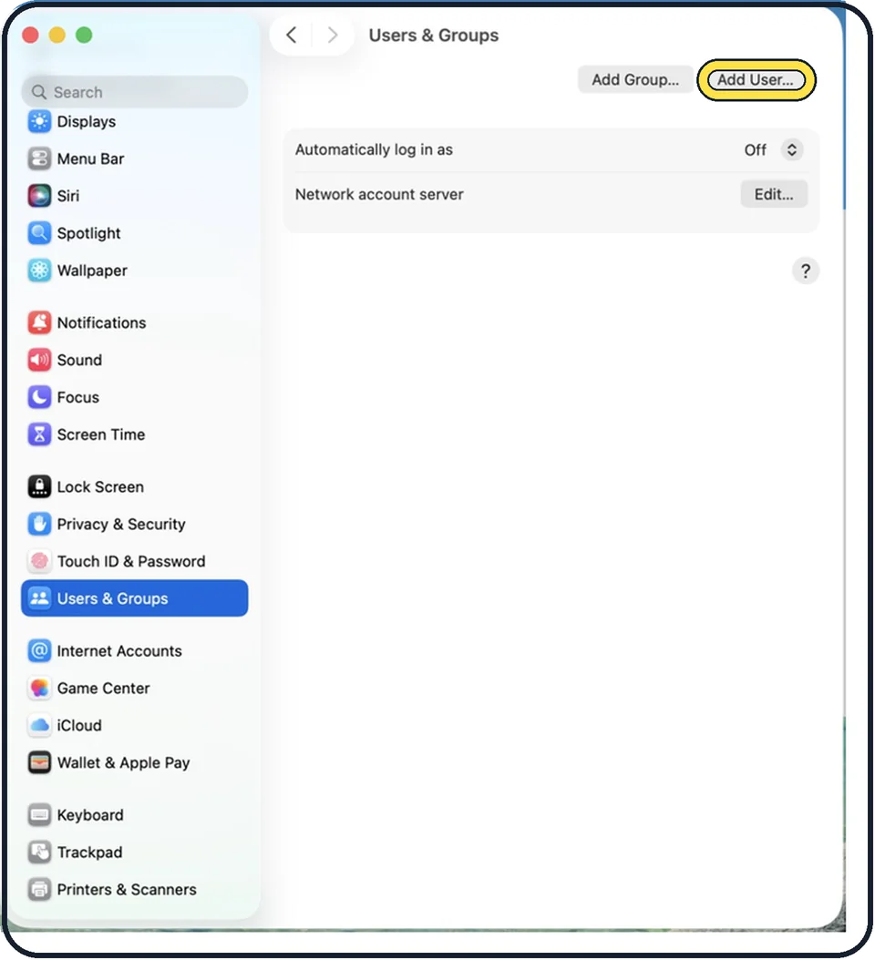 Mac screenshot: Click Add User