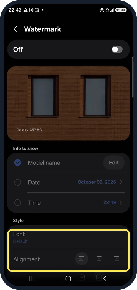 Android screenshot: Font and position