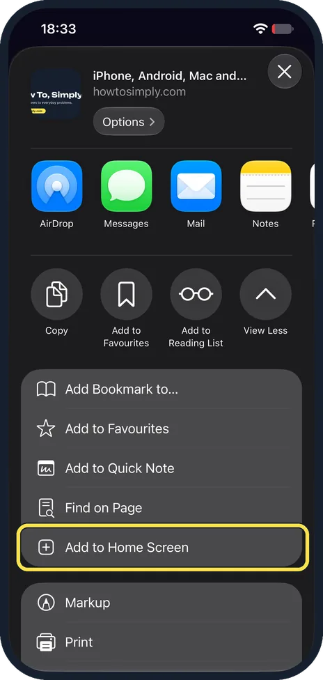 iPhone screen: Tap Add to Home Screen