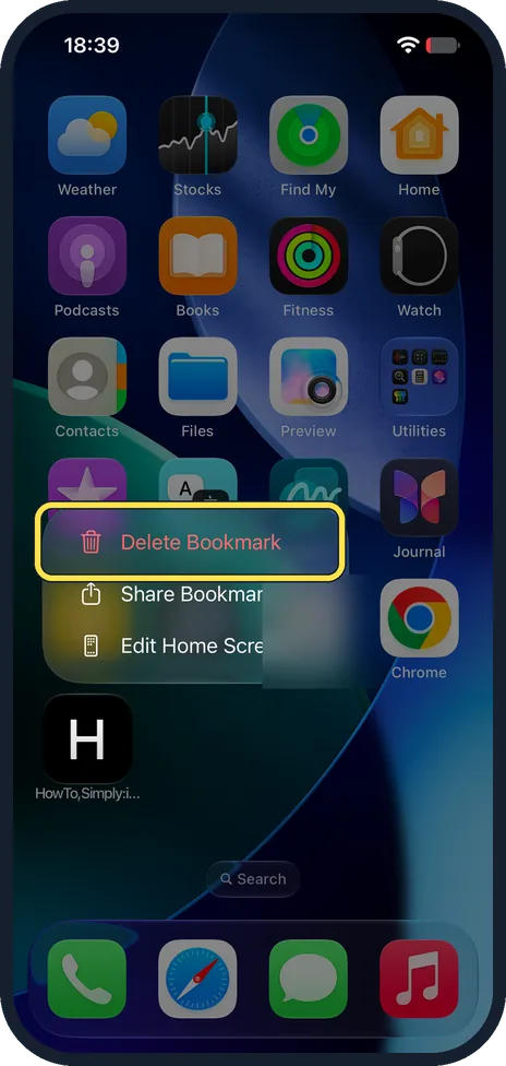iPhone screen: To remove it, tap Delete Bookmark