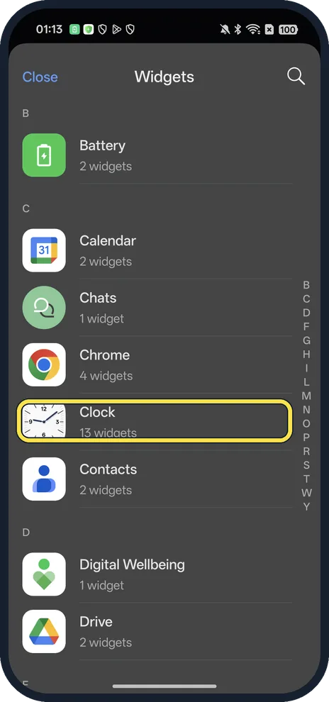 Android screenshot: Tap Widgets and pick an app