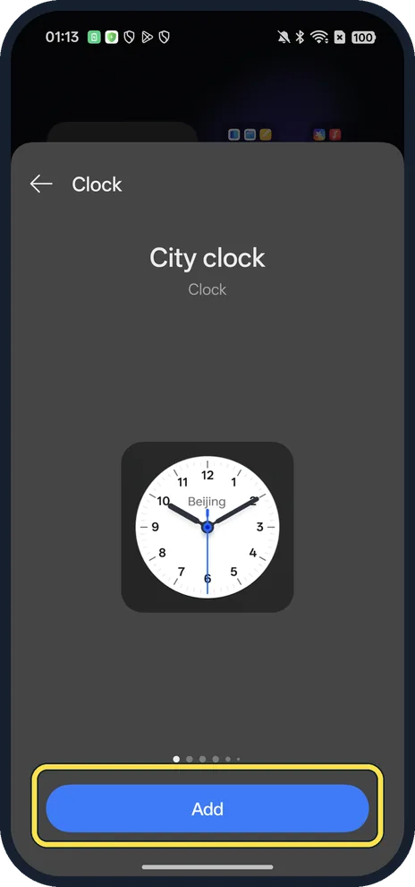 Android screenshot: Pick a widget and tap Add