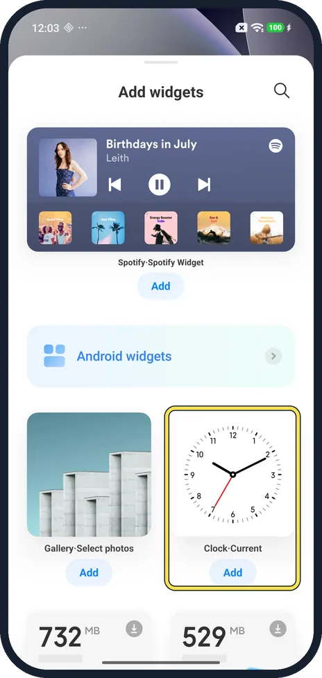 Android screenshot: Tap Add under a widget
