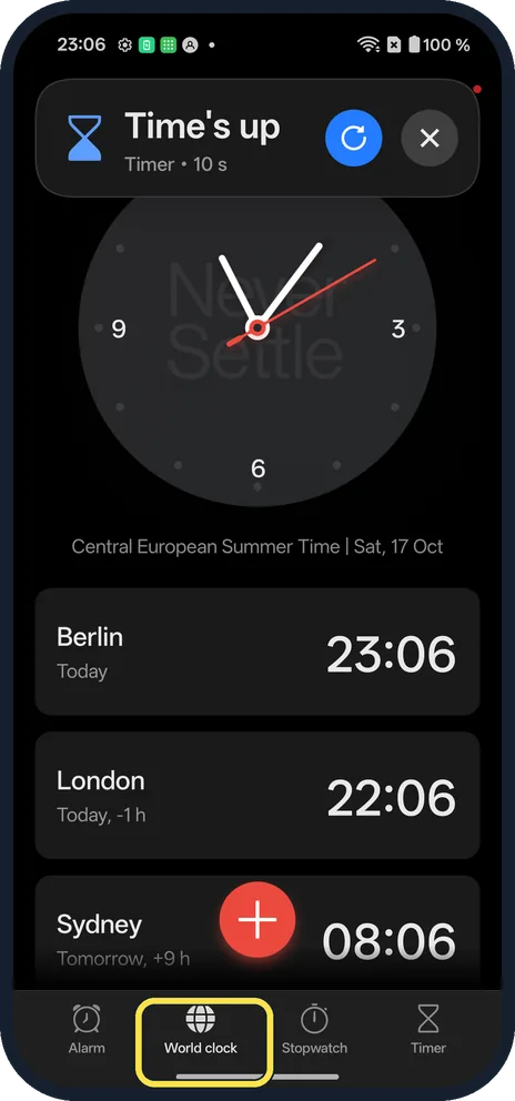 Android screenshot: Open World clock