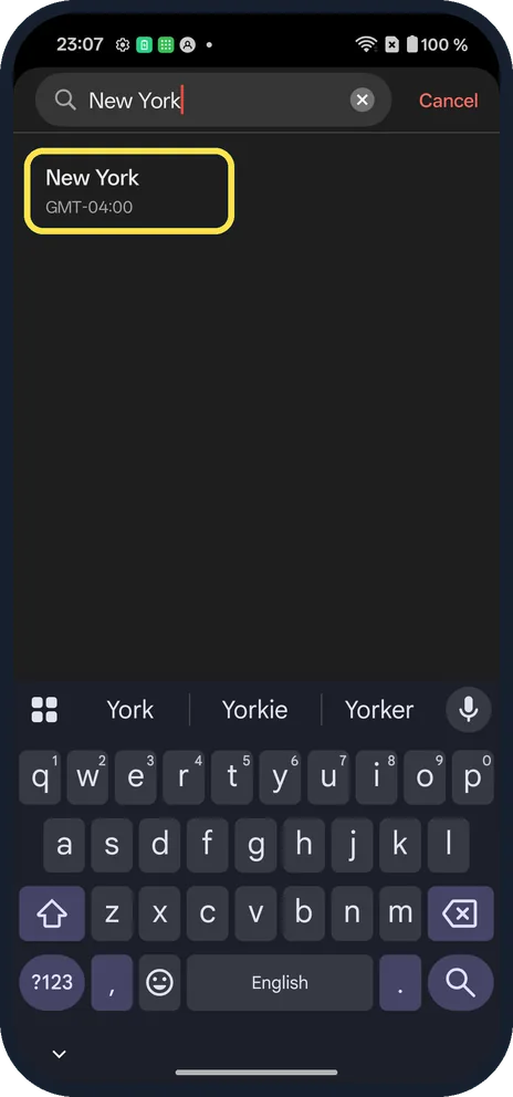 Android screenshot: Tap the city