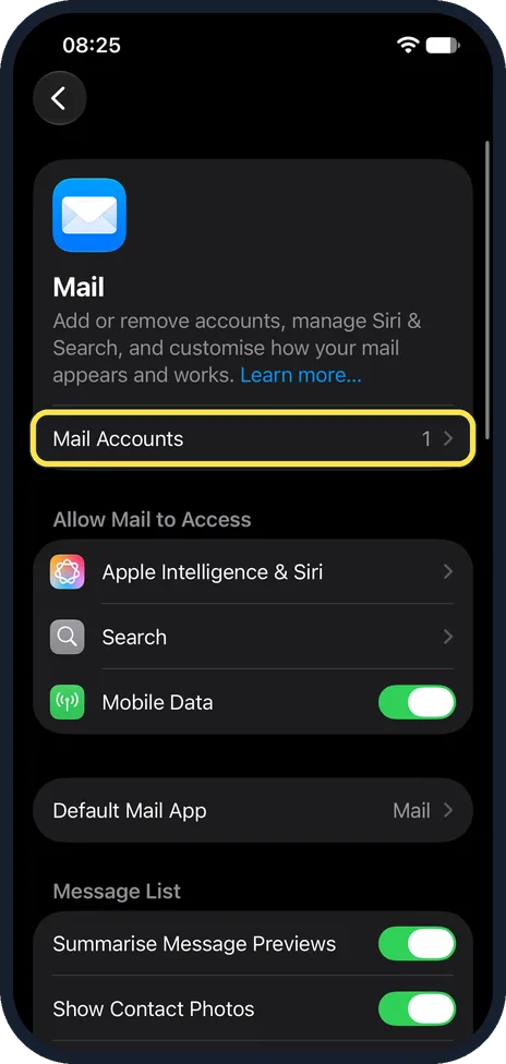 iPhone screen: Tap Mail Accounts