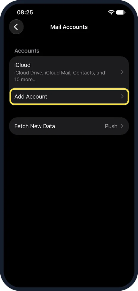 iPhone screen: Tap Add Account