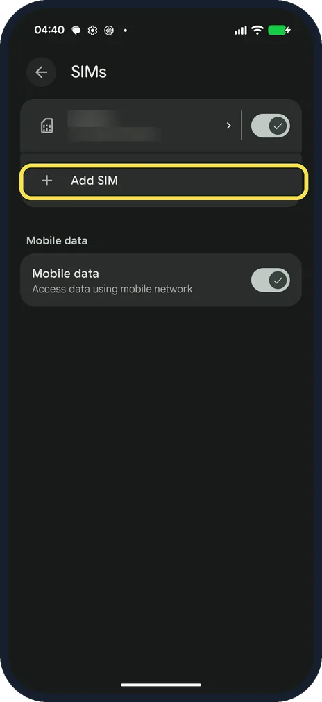 Android screenshot: Tap Add SIM