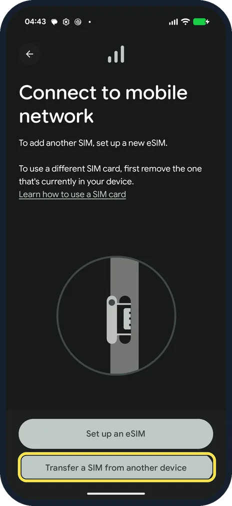 Android screenshot: Or transfer a SIM