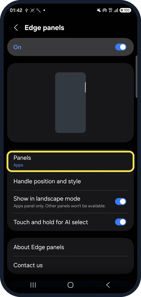 Android screenshot: Tap Panels