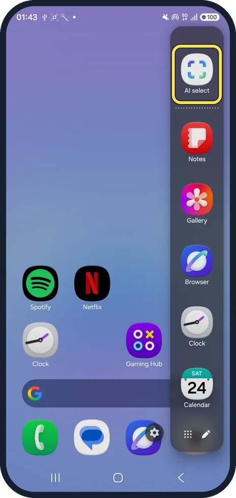 Android screenshot: Swipe in from the handle