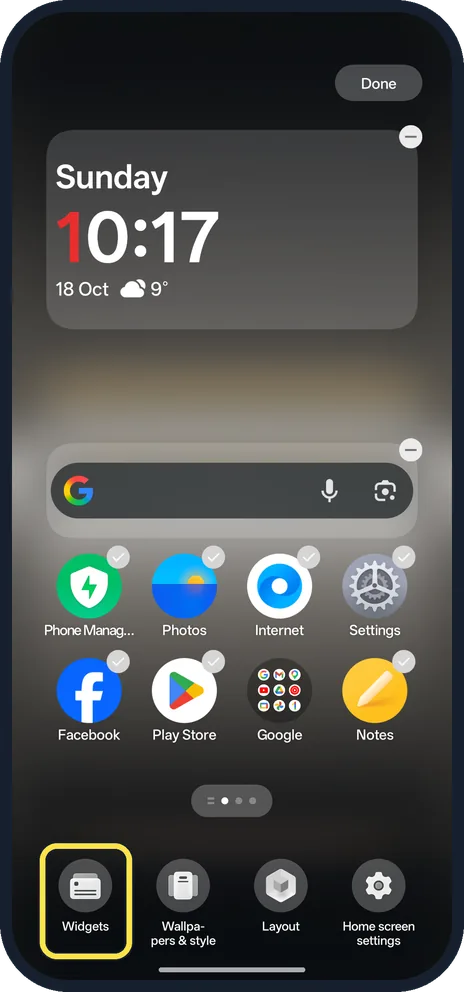 Screenshot from the guide: How to add and remove widgets on a OnePlus (OxygenOS 16)