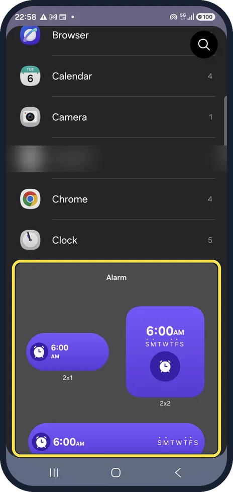 Android screenshot: Choose a widget