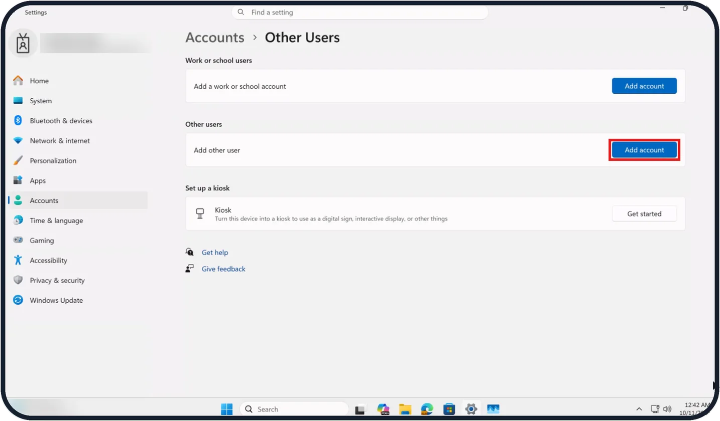 Windows screenshot: Click Other Users, then Add account