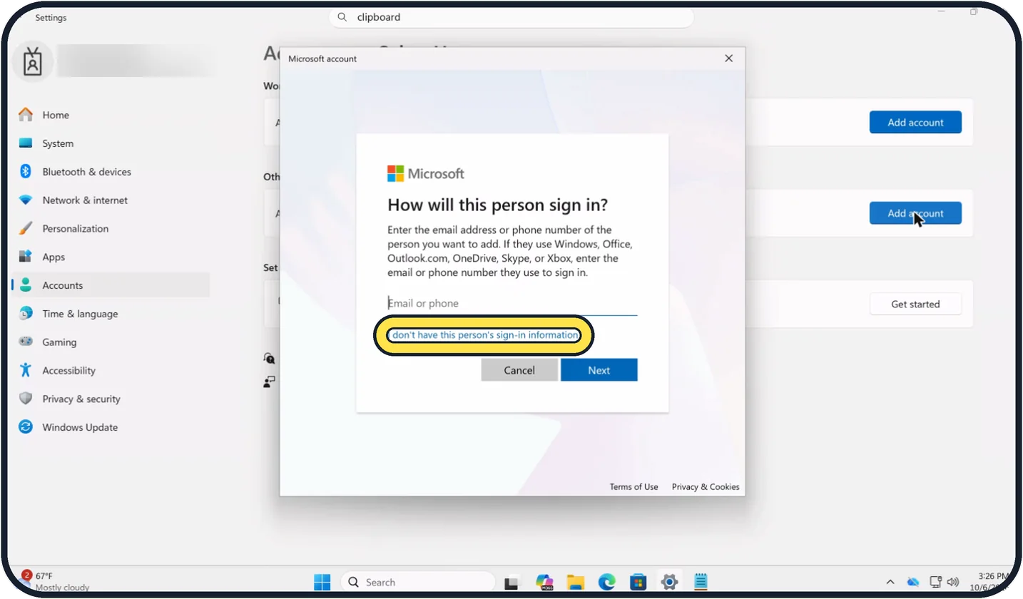 Windows screenshot: Without a Microsoft account
