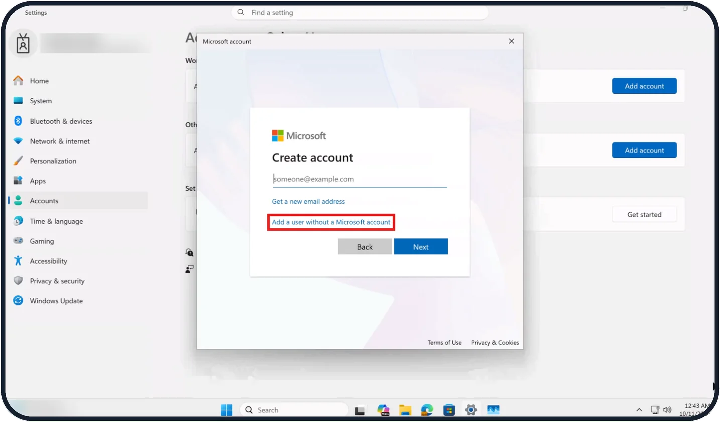 Windows screenshot: Click Add a user without a Microsoft account