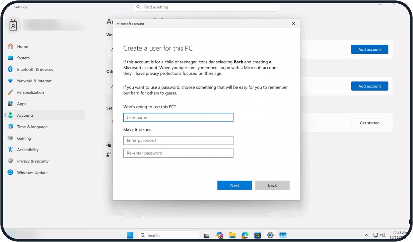 Windows screenshot: Enter a user name and password