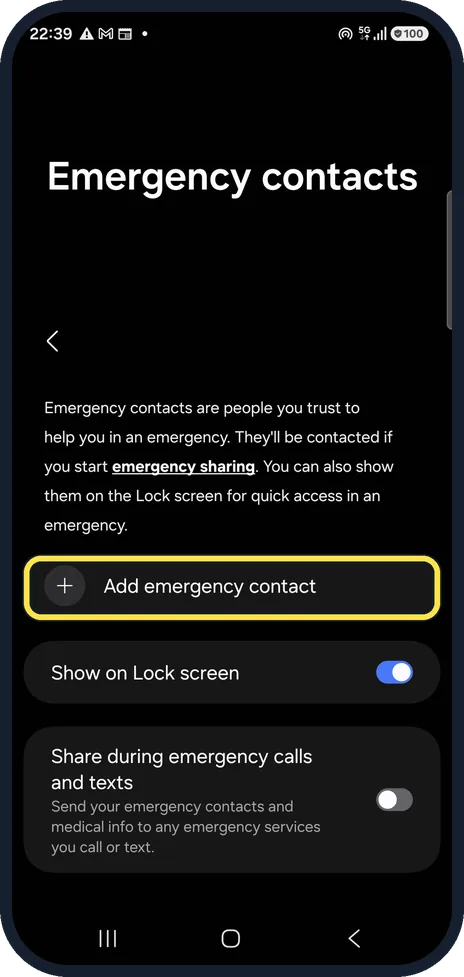 Android screenshot: Add an emergency contact