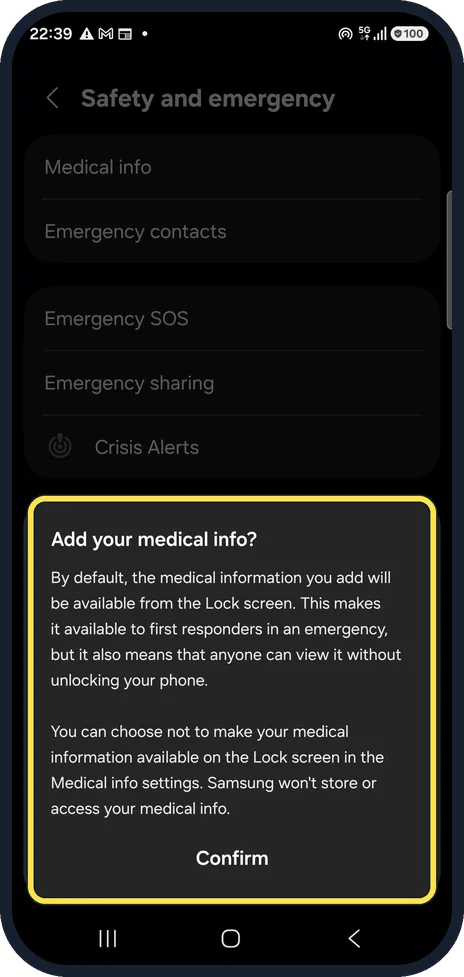 Android screenshot: Add medical info