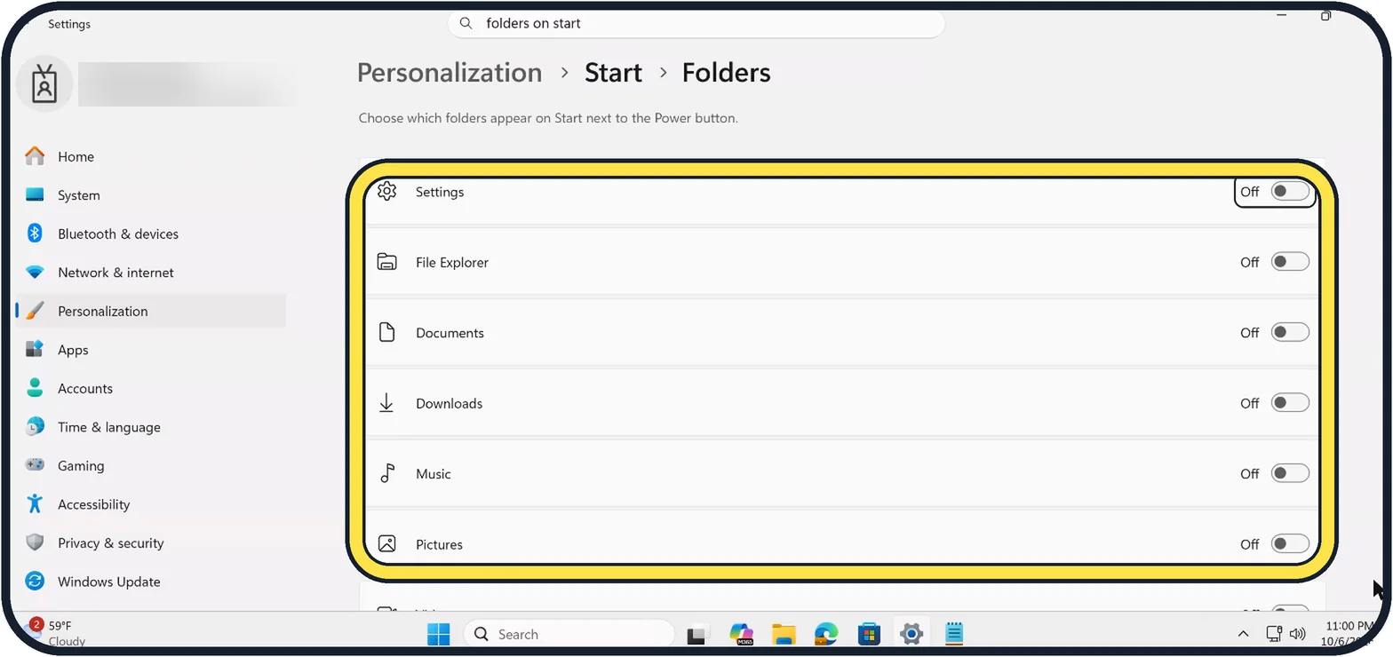 Windows screenshot: Open the Folders page