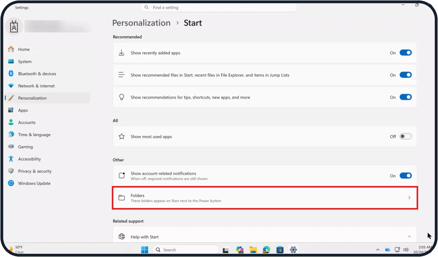 Windows screenshot: Open Start settings