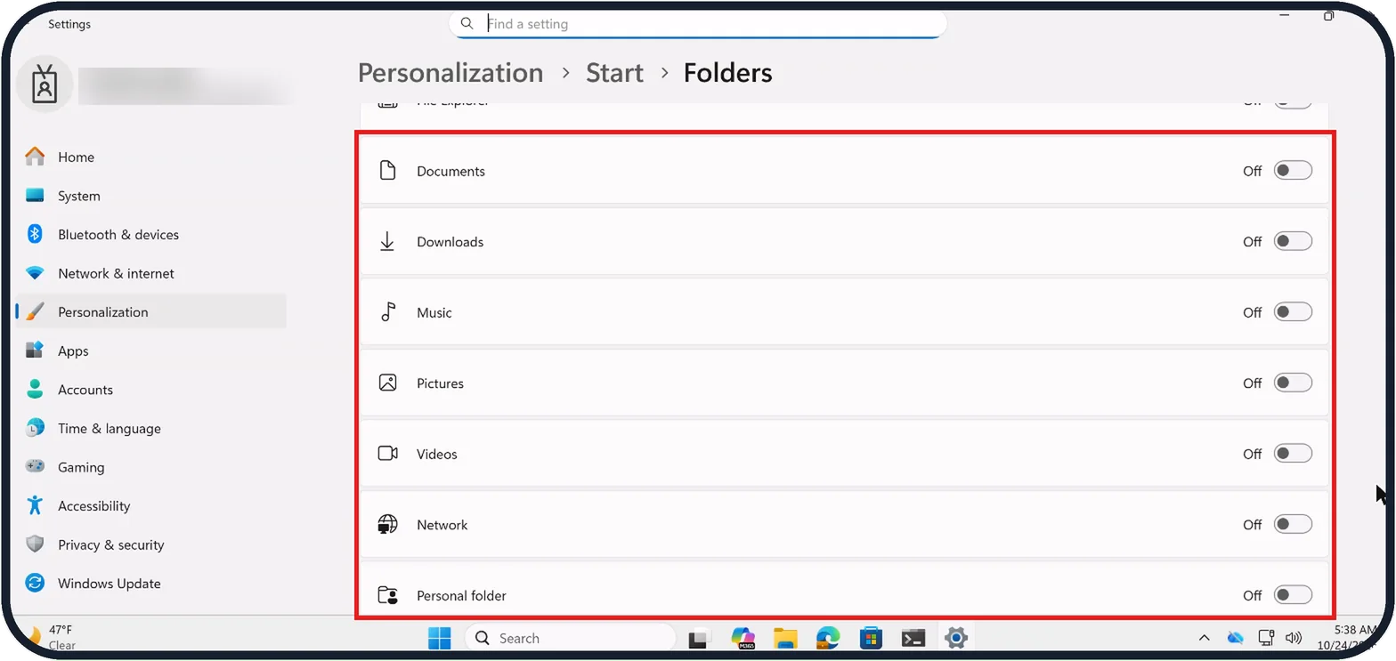 Windows screenshot: Check the Folders page