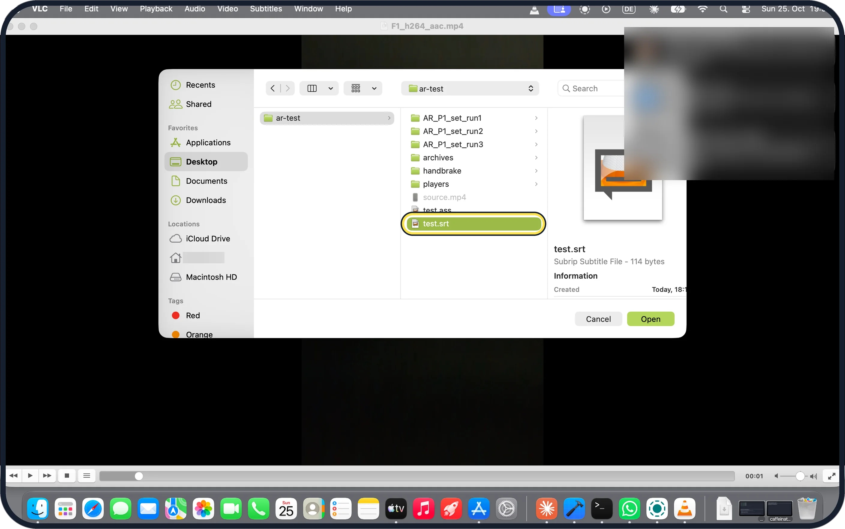 Mac screenshot: Pick the .srt and click Open