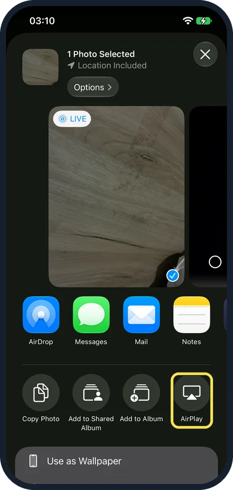 iPhone screen: iPhone: open the photo, tap Share, then AirPlay