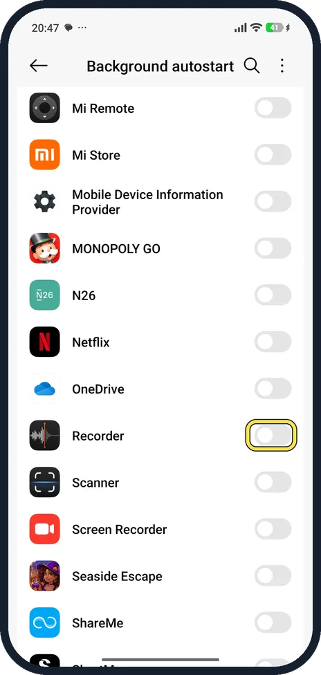 Android screenshot: Turn the app's switch on